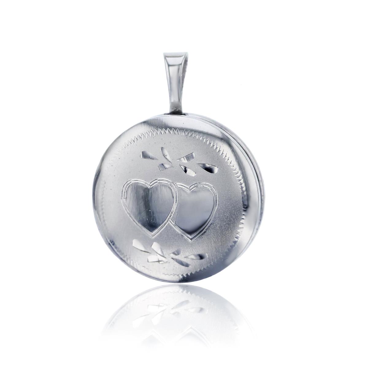 Sterling Silver Rhodium High Polished and Satin Double Heart 16mm Round Locket Pendant