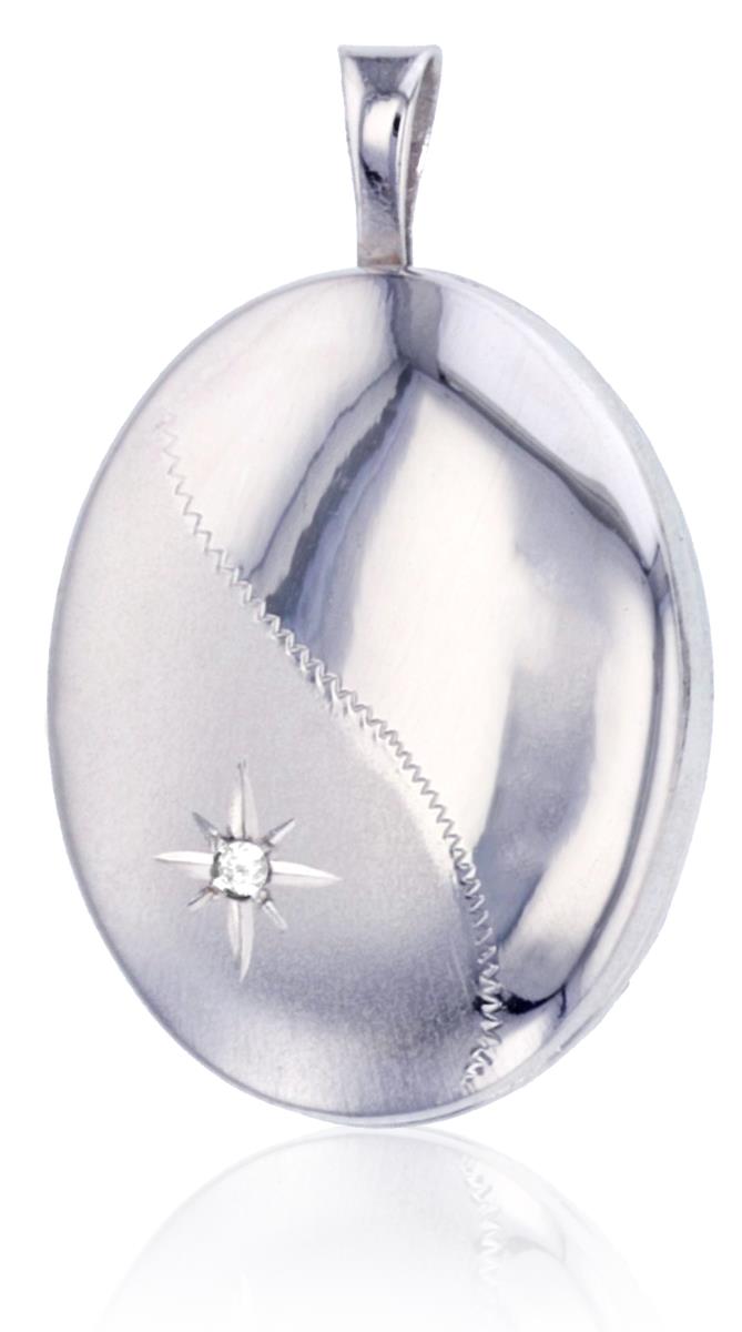Sterling Silver Rhodium High Polished and Satin Diamond Accent Starburst 16mm Oval Locket Pendant