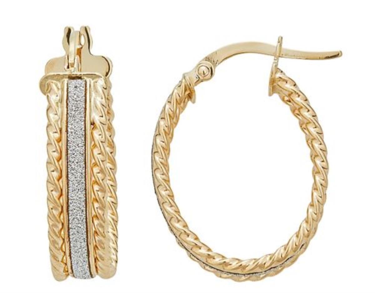 14K Yellow Gold High Polished Twisted Outer Glitter Oval Hoop Earring