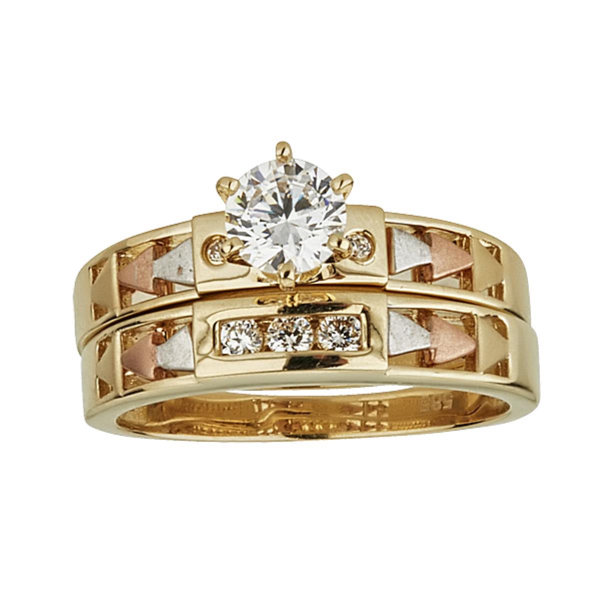 14K Tri-color Gold 5.25mm Round Cut Wedding Duo Band Ring