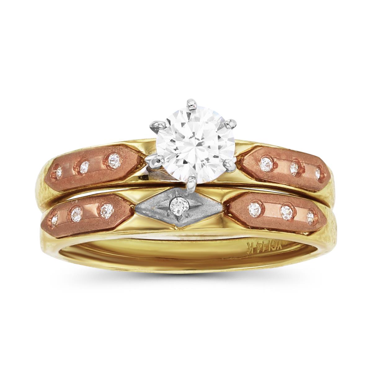 14K Tri-color Gold 5.00mm Round Cut Wedding Duo Band Ring