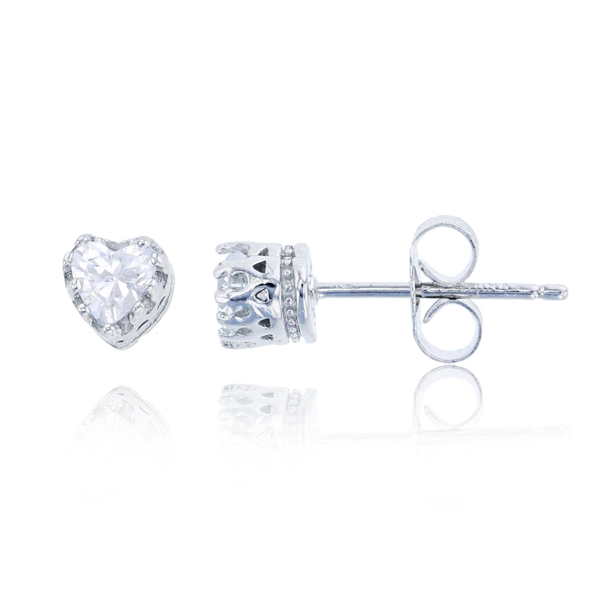 Sterling Silver Rhodium 5mm Heart Pave Halo Stud Earring