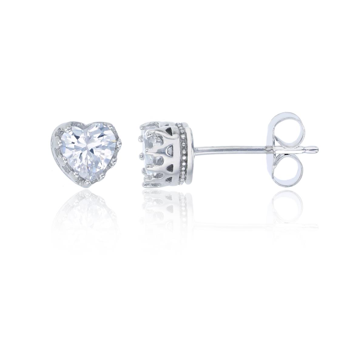 Sterling Silver Rhodium 5.5mm Heart Pave Halo Stud Earring