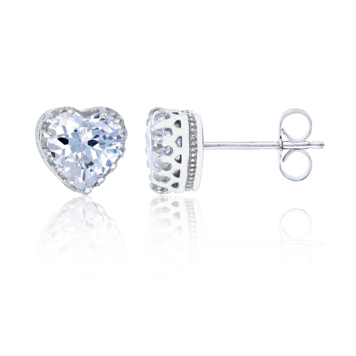 Sterling Silver Rhodium 6.5mm Heart Pave Halo Stud Earring