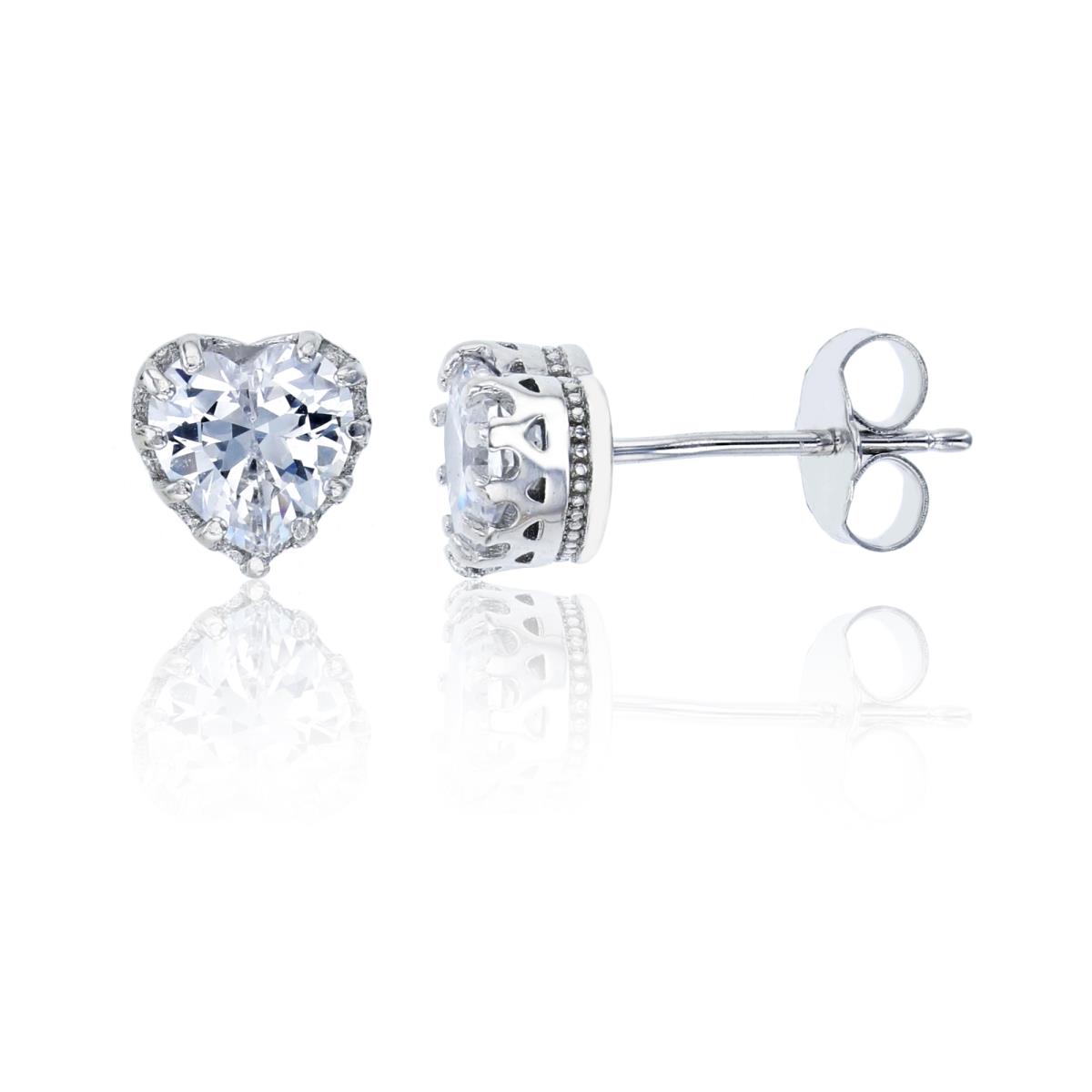 Sterling Silver Rhodium 7mm Heart Pave Halo Stud Earring