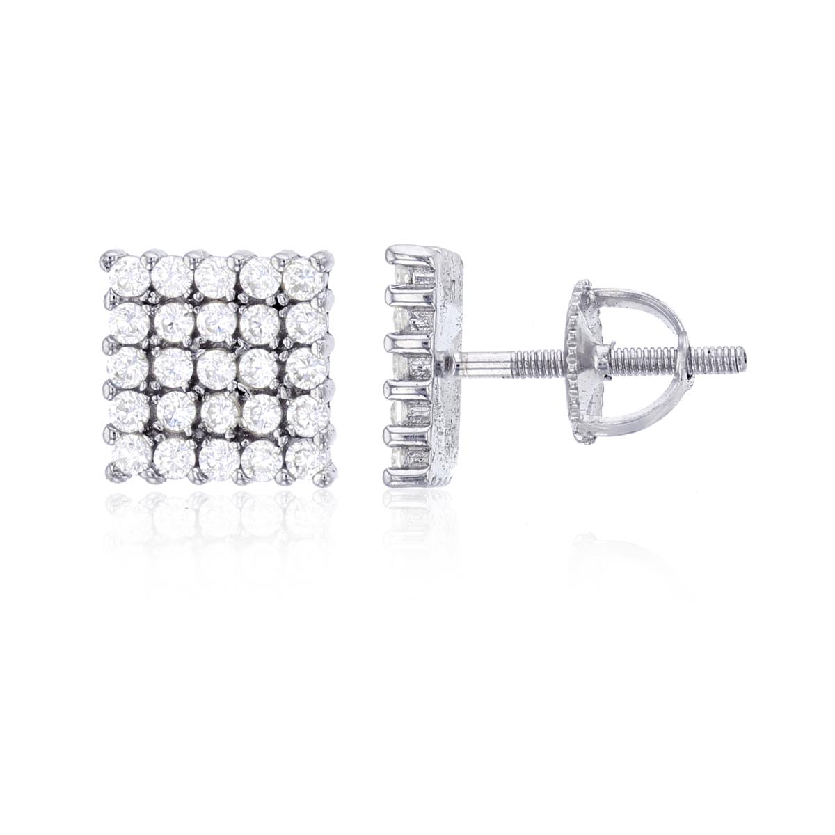 Sterling Silver Rhodium 5X5 Square Mens Screw-Back Stud Earring