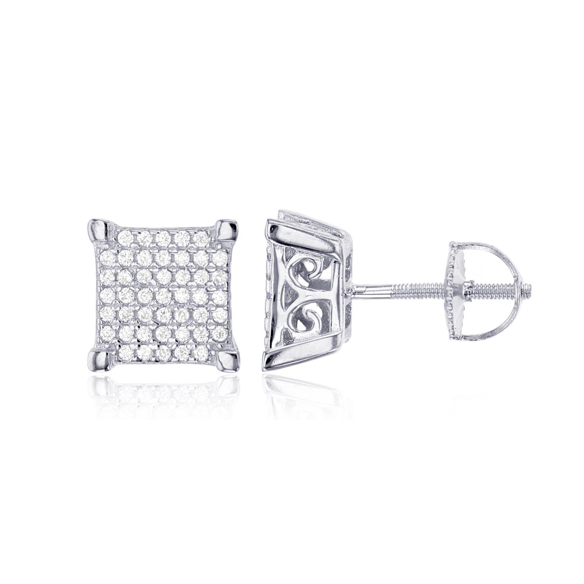 Sterling Silver Rhodium Micropave 7x7 Square Screw-Back Mens Basket Stud Earring