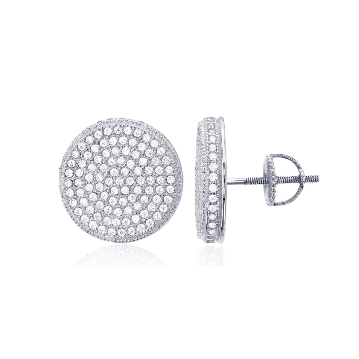 Sterling Silver Rhodium Micropave 14.50mm Round Screw-Back Mens Stud Earring