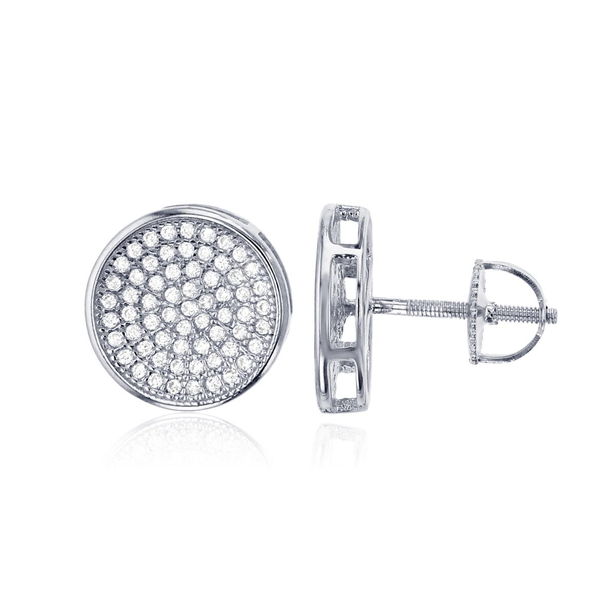 Sterling Silver Rhodium Micropave 12.00mm Round Screw-Back Mens Stud Earring