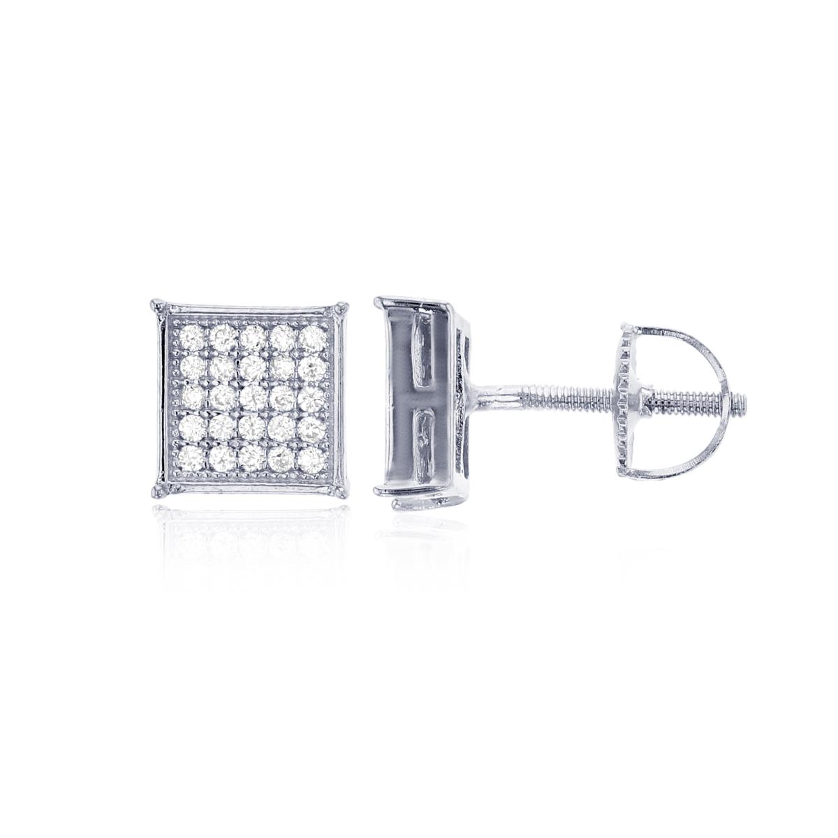 Sterling Silver Rhodium Micropave 5x5 Square Screw-Back Mens Stud Earring