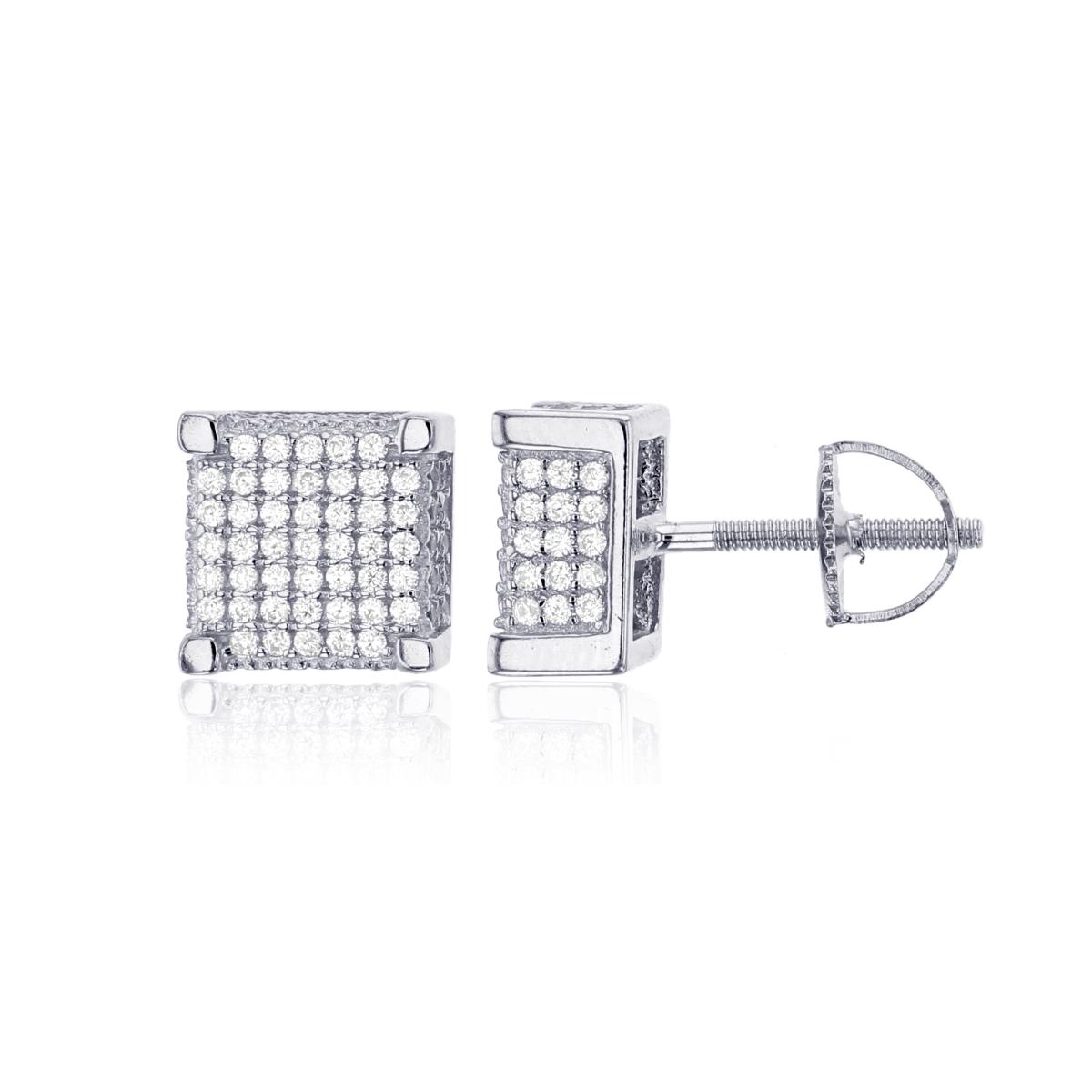 Sterling Silver Rhodium Micropave 6x6 3D Square Screw-Back Mens Stud Earring