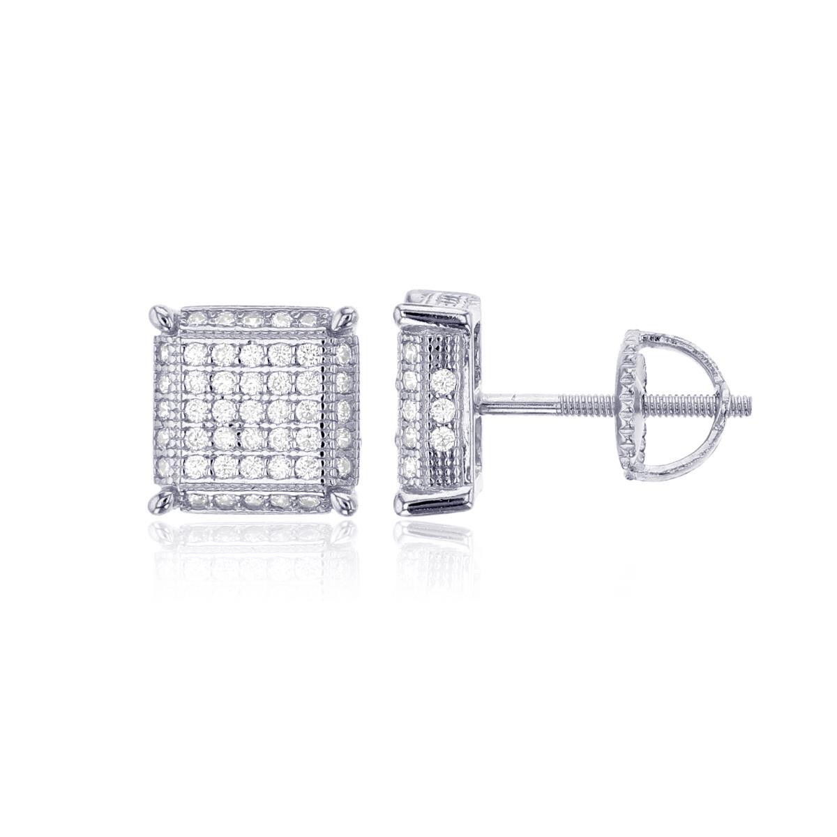 Sterling Silver Rhodium Micropave 8.50mm 3D Square Screw-Back Stud Earring
