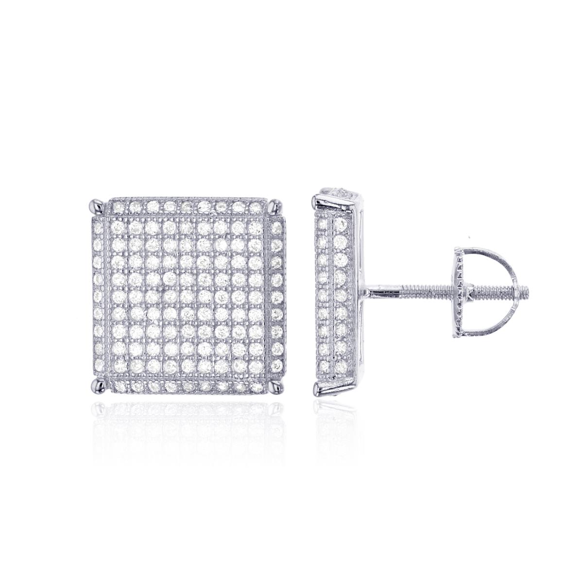 Sterling Silver Rhodium Micropave Square Screw-Back Mens Stud Earring