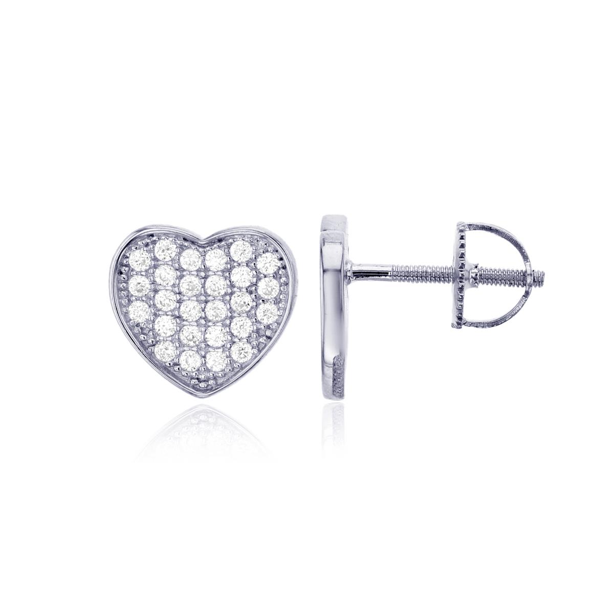 Sterling Silver Rhodium Micropave Heart Screw-Back Stud Earring