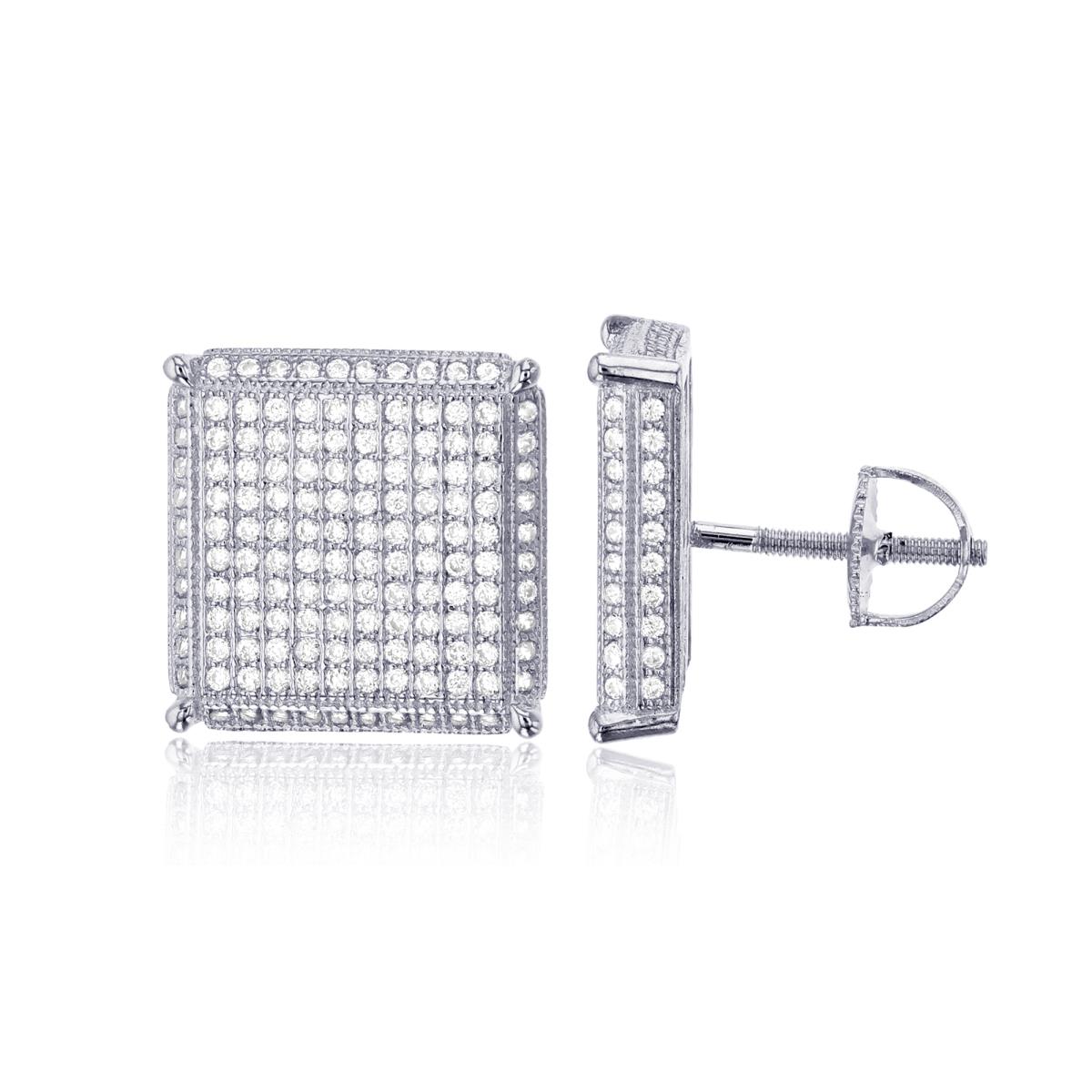 Sterling Silver Rhodium Micropave Square 14.60X14.60mm Screw-Back Stud Earring