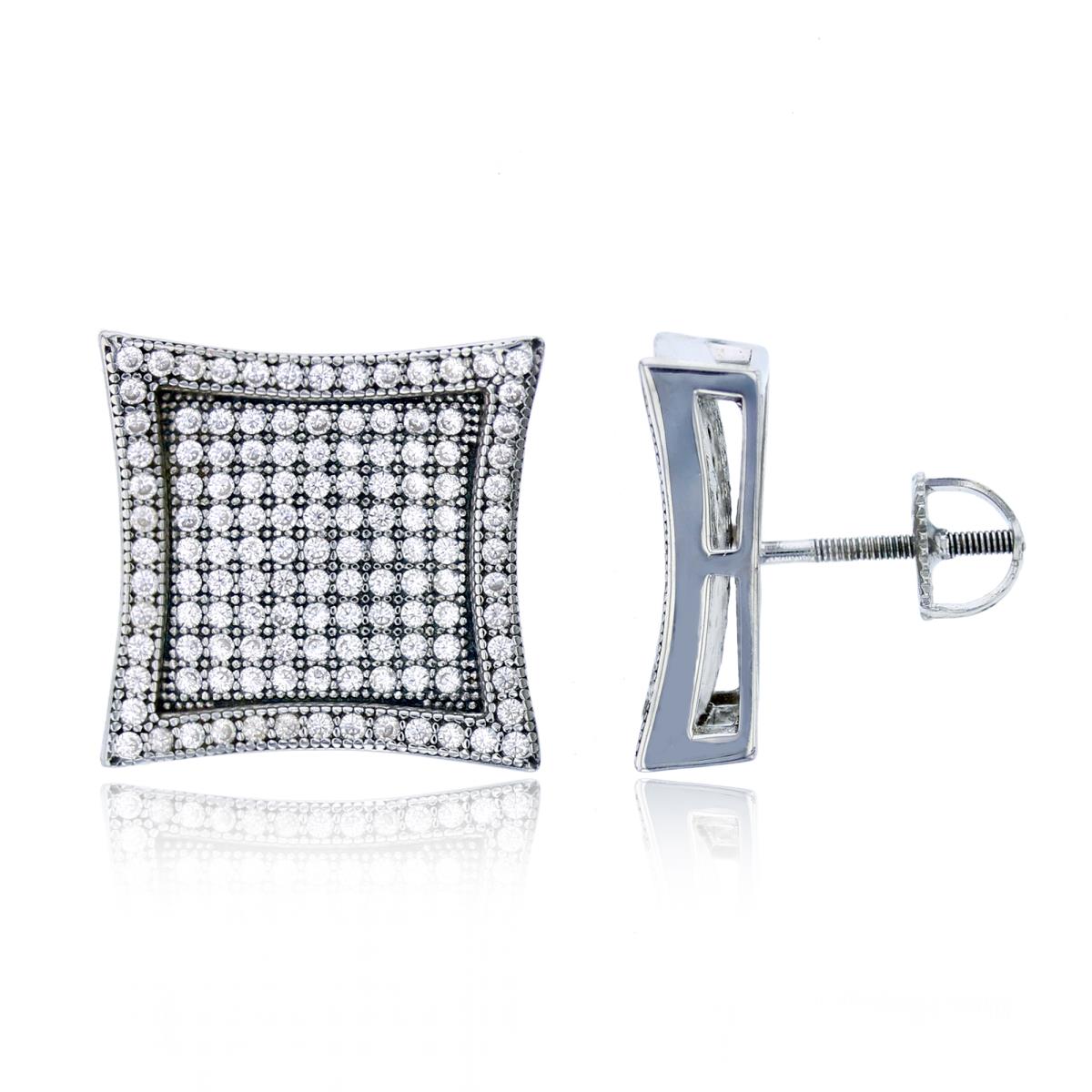 Sterling Silver Rhodium Micropave Concave Curve Square 16.70x16.70mm Screw-Back Stud Earring