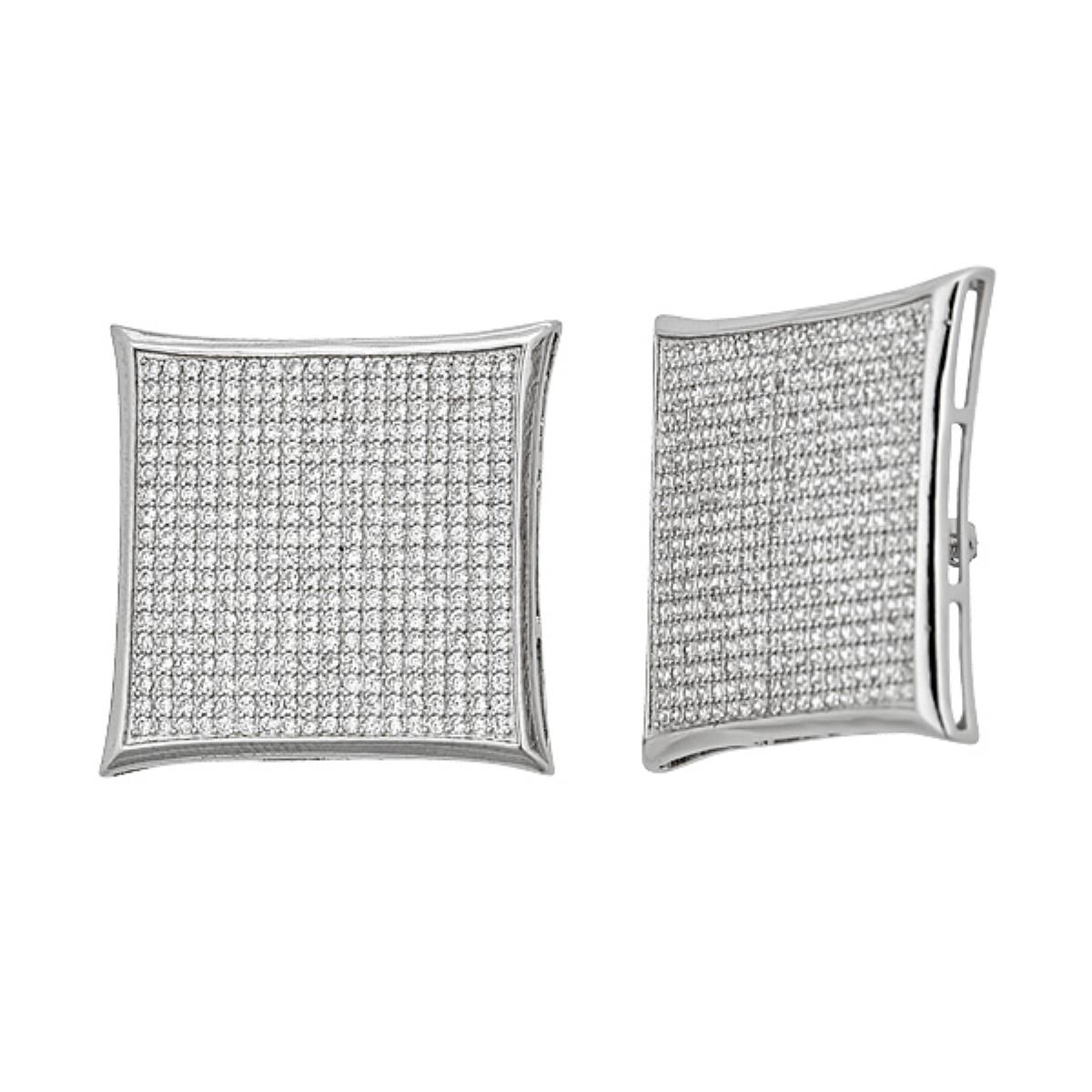 Sterling Silver Rhodium Micropave Curve Square 24.50x24.50mm Screw-Back Stud Earring