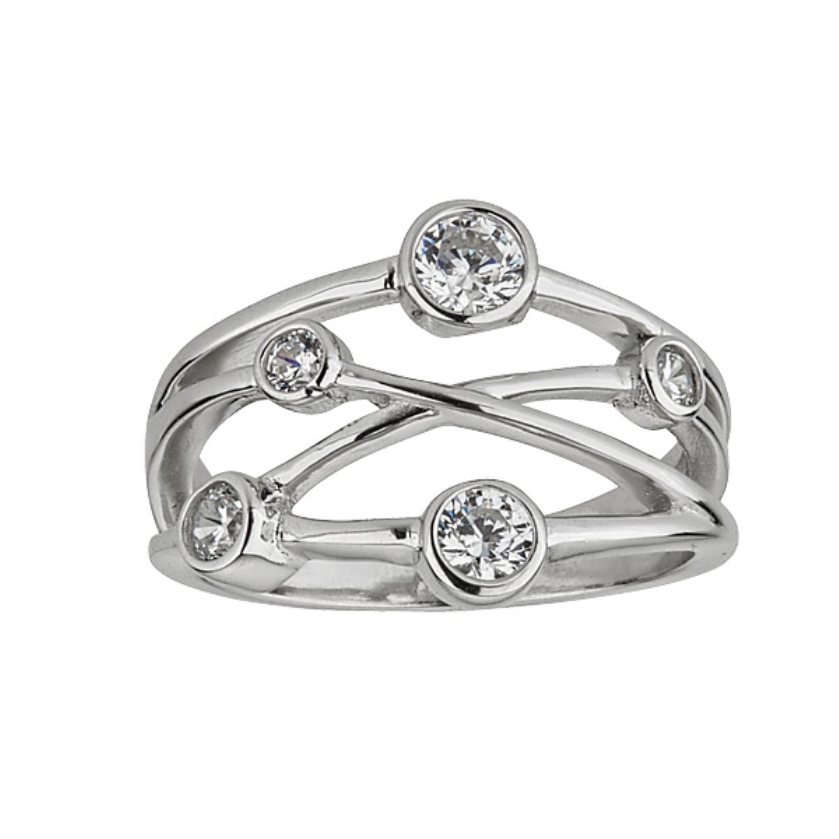 Sterling Silver Rhodium Criss-Cross Bezel Fashion Ring