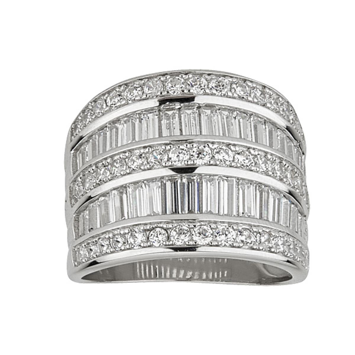 Sterling Silver Rhodium 5-Row Dbl Baguette Pave Ring
