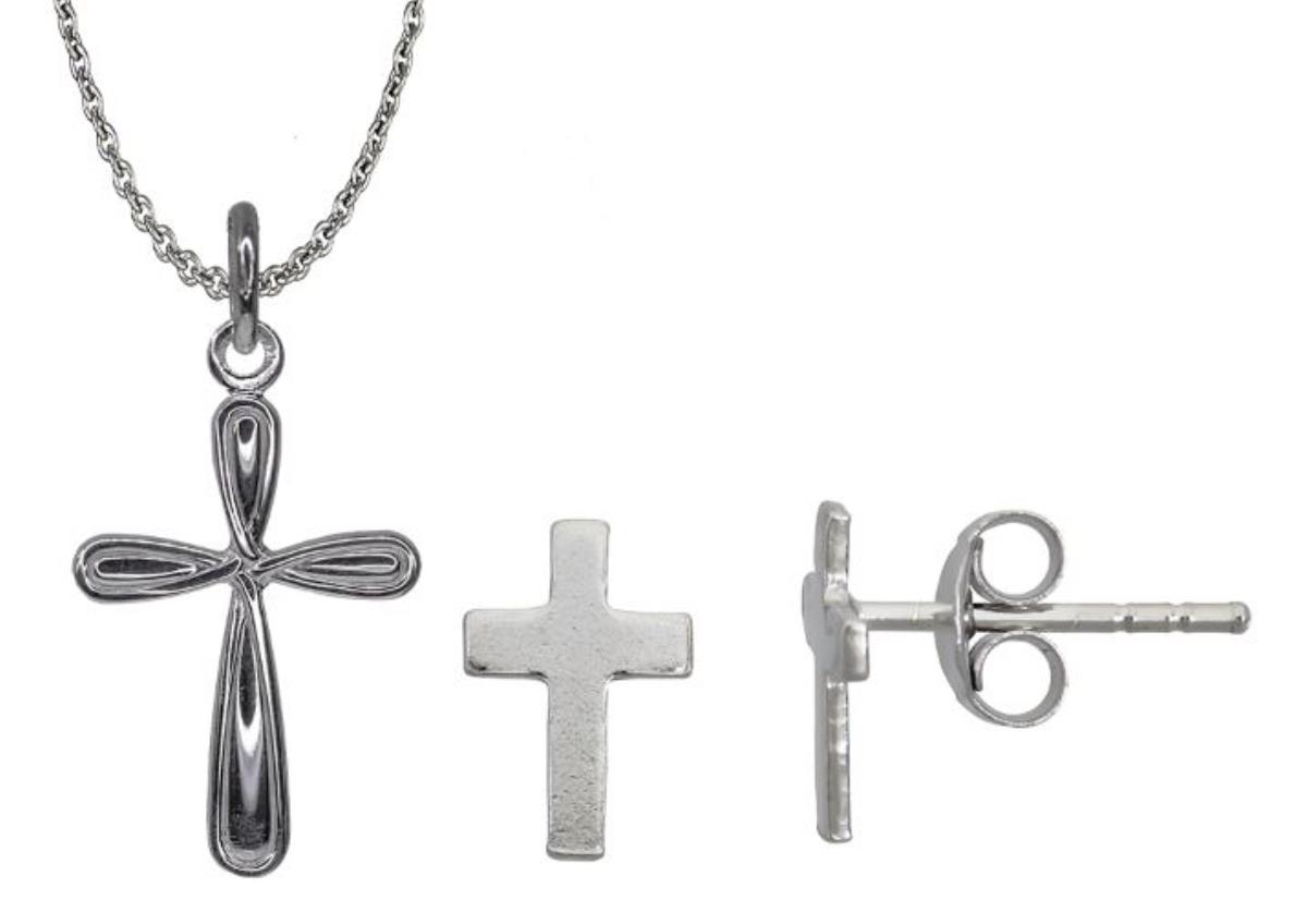 Sterling Silver Rhodium High Polished Cross Stud and 18" Necklace Set