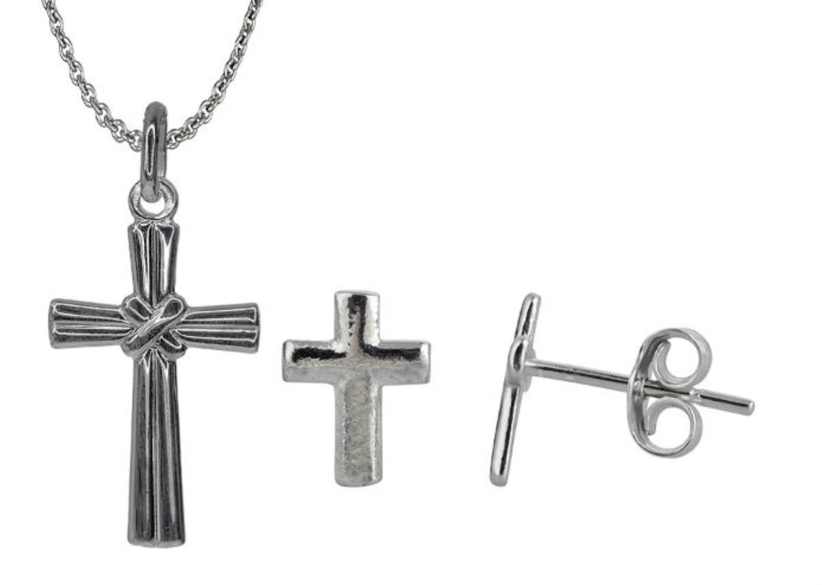 Sterling Silver Rhodium High Polished Cross Stud and 18" Necklace