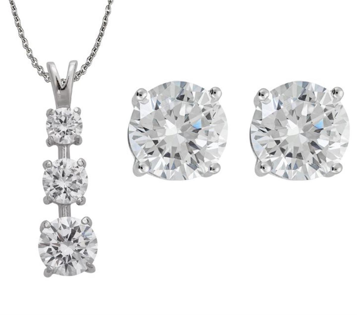 Sterling Silver Rhodium Graduated 24mm Vertical 18" Necklace and 8mm Round Solitaire Stud Set  