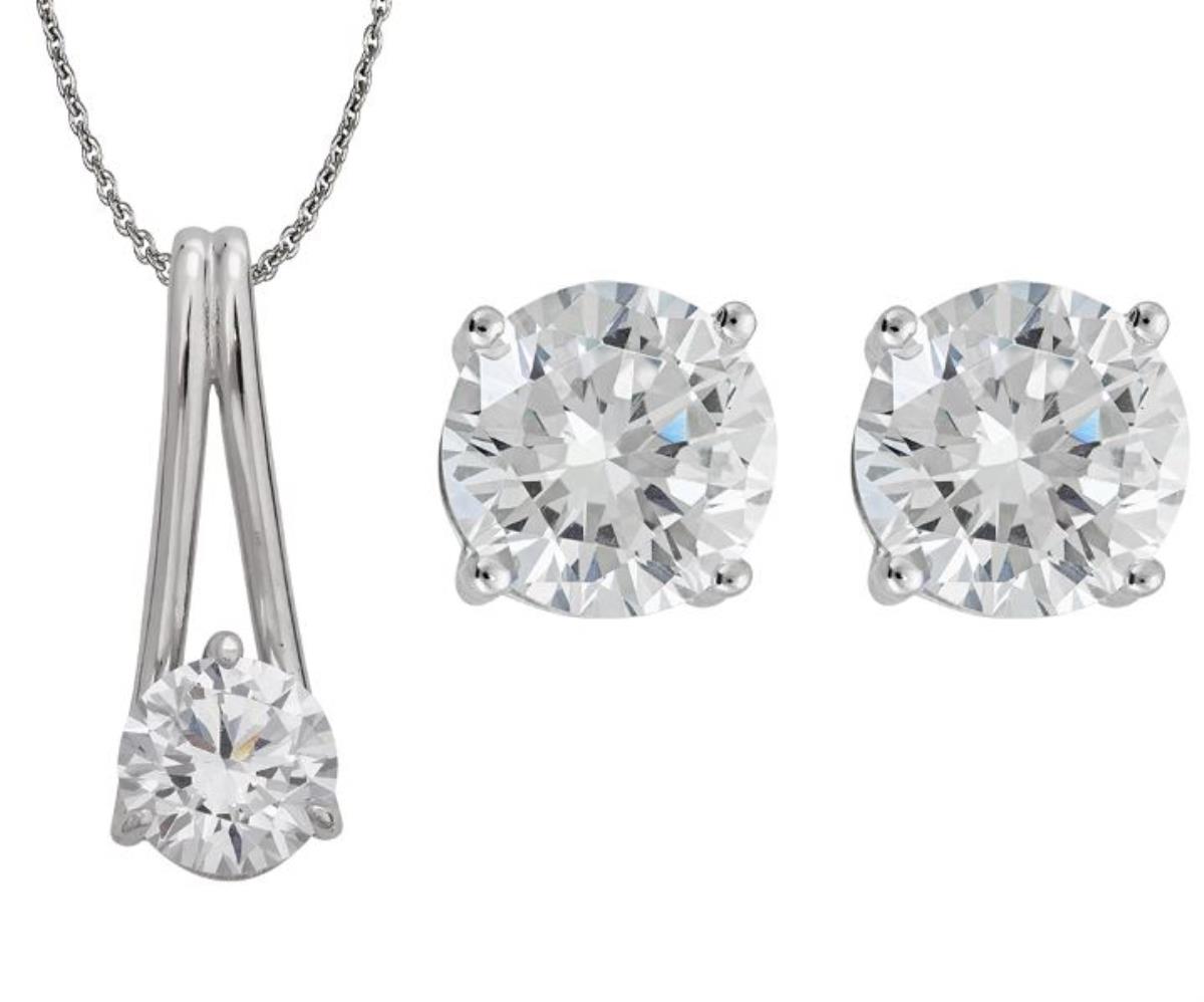 Sterling Silver Rhodium 8.00mm Round Solitaire 18" Necklace and 8mm Round Solitaire Stud Set  