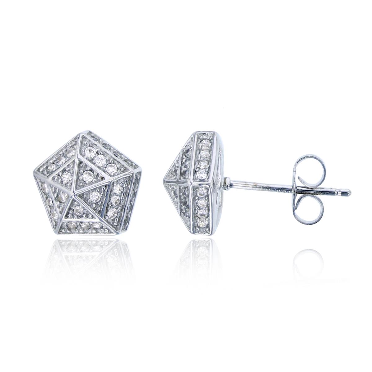 Sterling Silver Rhodium Pave 3D Pentagon Stud Earring