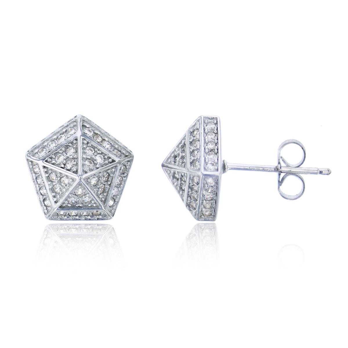 Sterling Silver Rhodium Pave 3D Pentagon Stud Earring