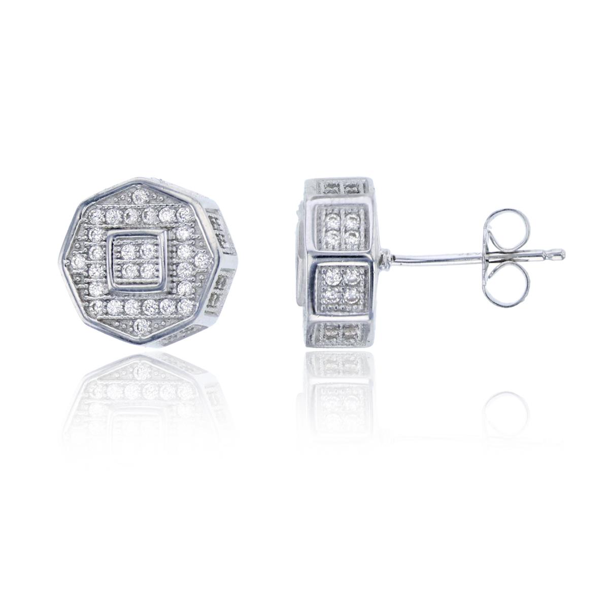 Sterling Silver Rhodium Pave 3D Octagon Stud Earring