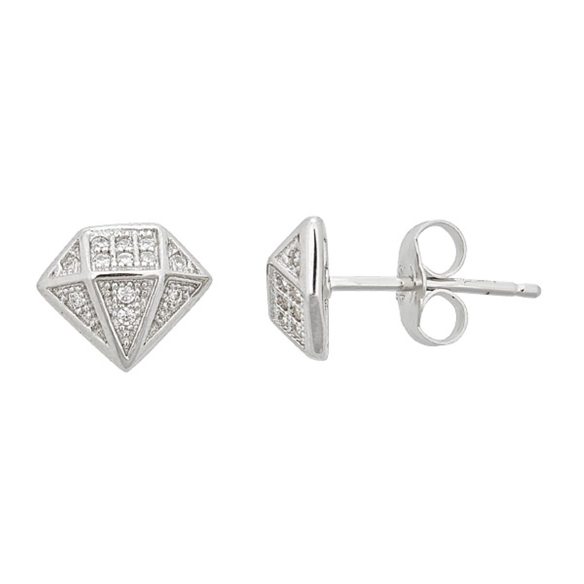 Sterling Silver Rhodium Pave Diamond-Shape Stud Earring