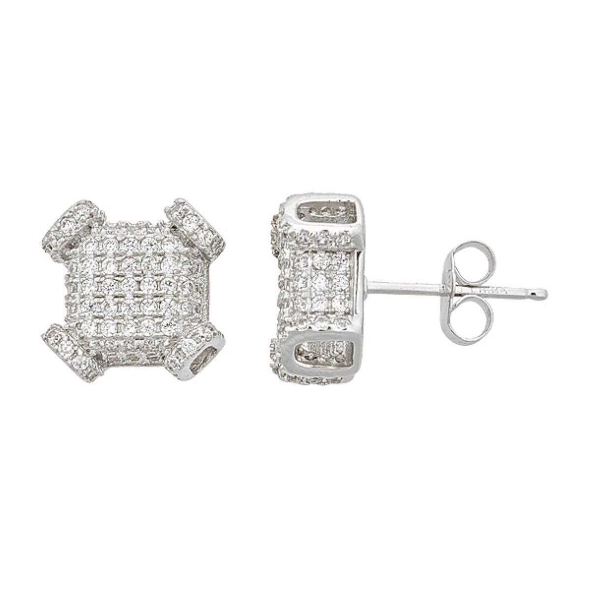 Sterling Silver Rhodium Pave Square Corner Stud Earring