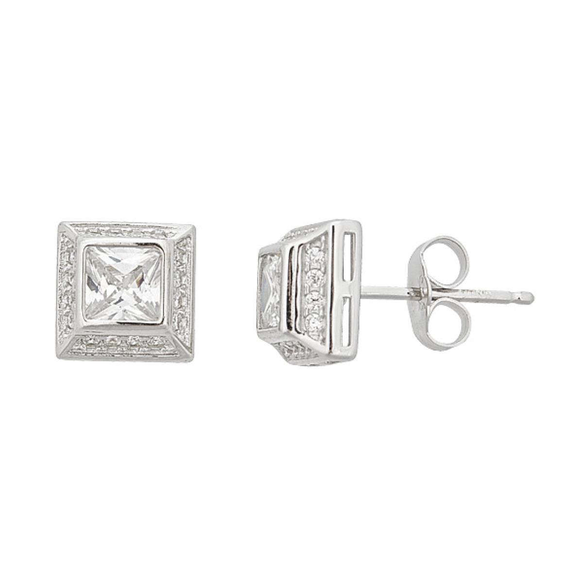 Sterling Silver Rhodium Princess Cut Pave Halo Stud Earring