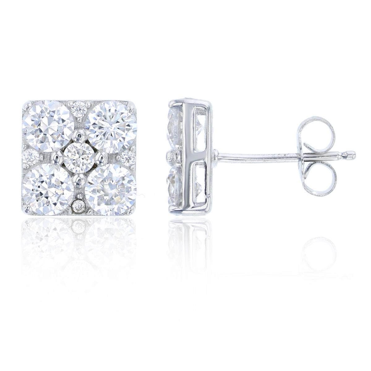 Sterling Silver Rhodium Pave Square Tile Stud Earring