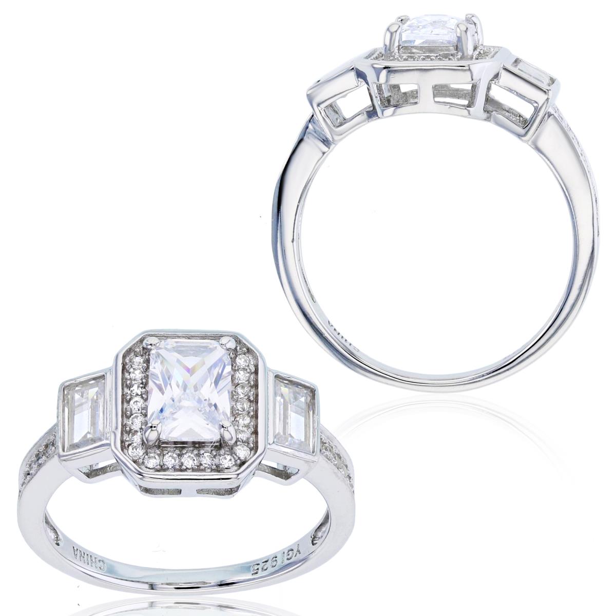 Sterling Silver Rhodium Emerald Cut Pave Halo Baguette Engagement Ring