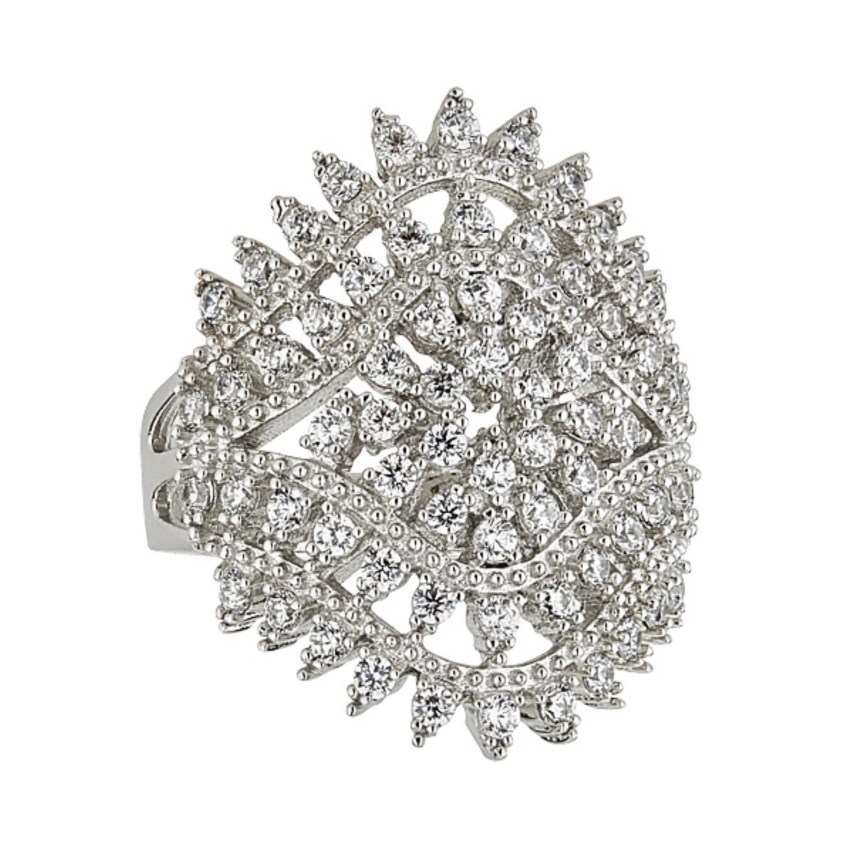 Sterling Silver Rhodium Pave Fancy Art Deco Spike-Edge Fashion Ring