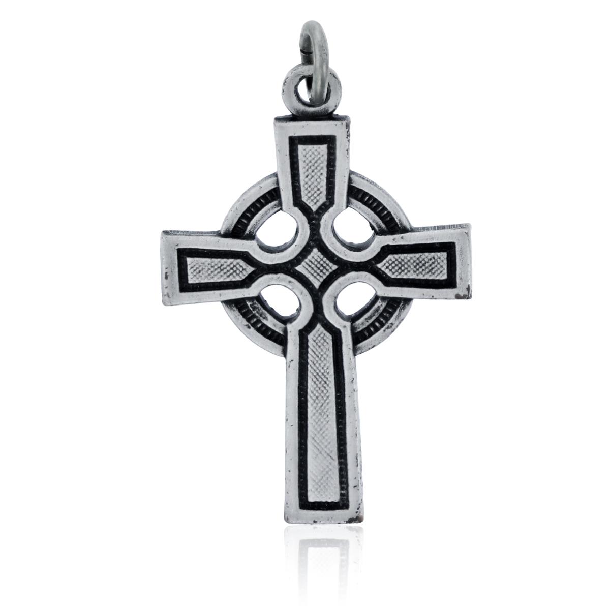 Sterling Silver Rhodium Oxidized Antique Textured Circle Cross Pendant