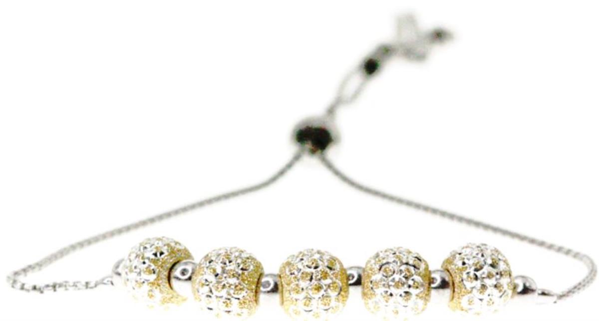 Sterling Silver Yellow & White 2-Clr 5-Ball Glitter Adjustable Bracelet