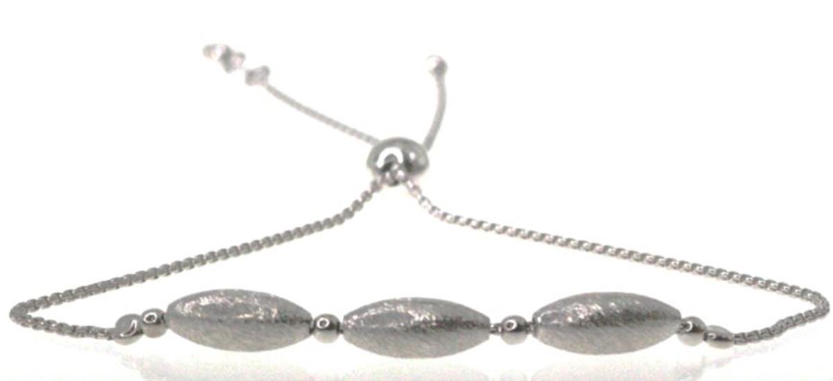 Sterling Silver Rhodium 3-Ball Oval Brushed Bead Adjustable Bracelet
