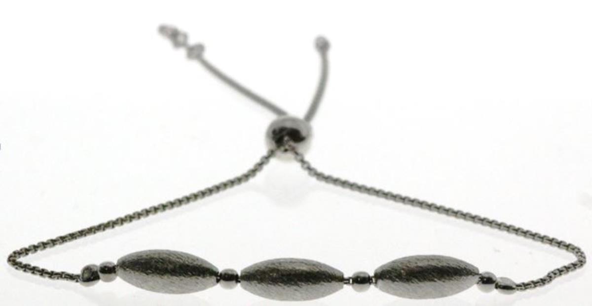 Sterling Silver Black & White 3-Ball Oval Brushed Bead Adjustable Bracelet