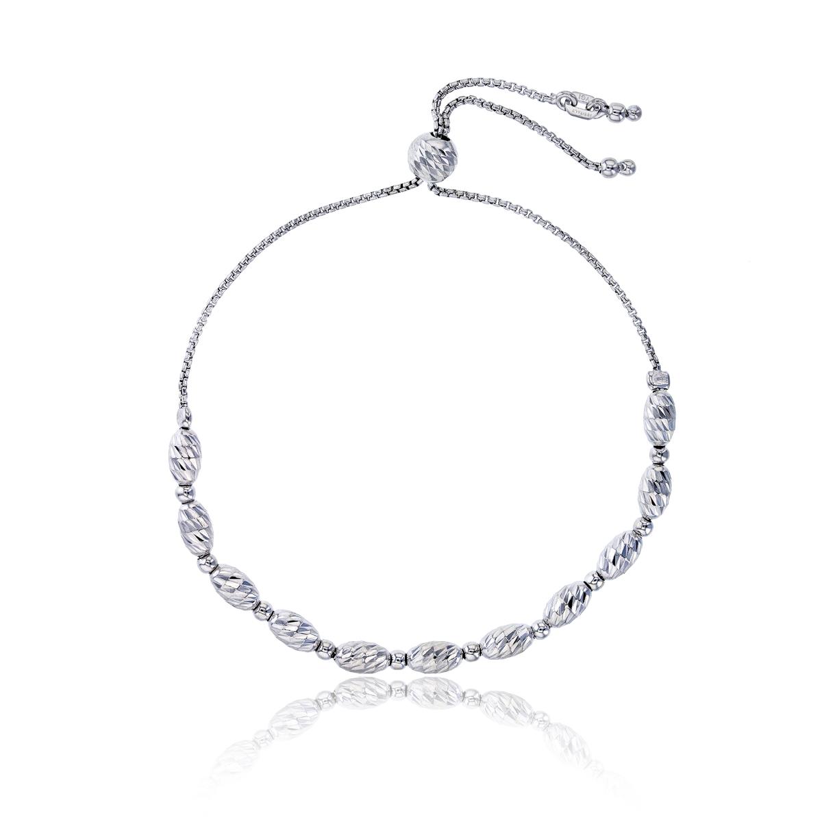 Sterling Silver Rhodium High Polished Diamond Cut Oval Beaded Adjustable Bracelet