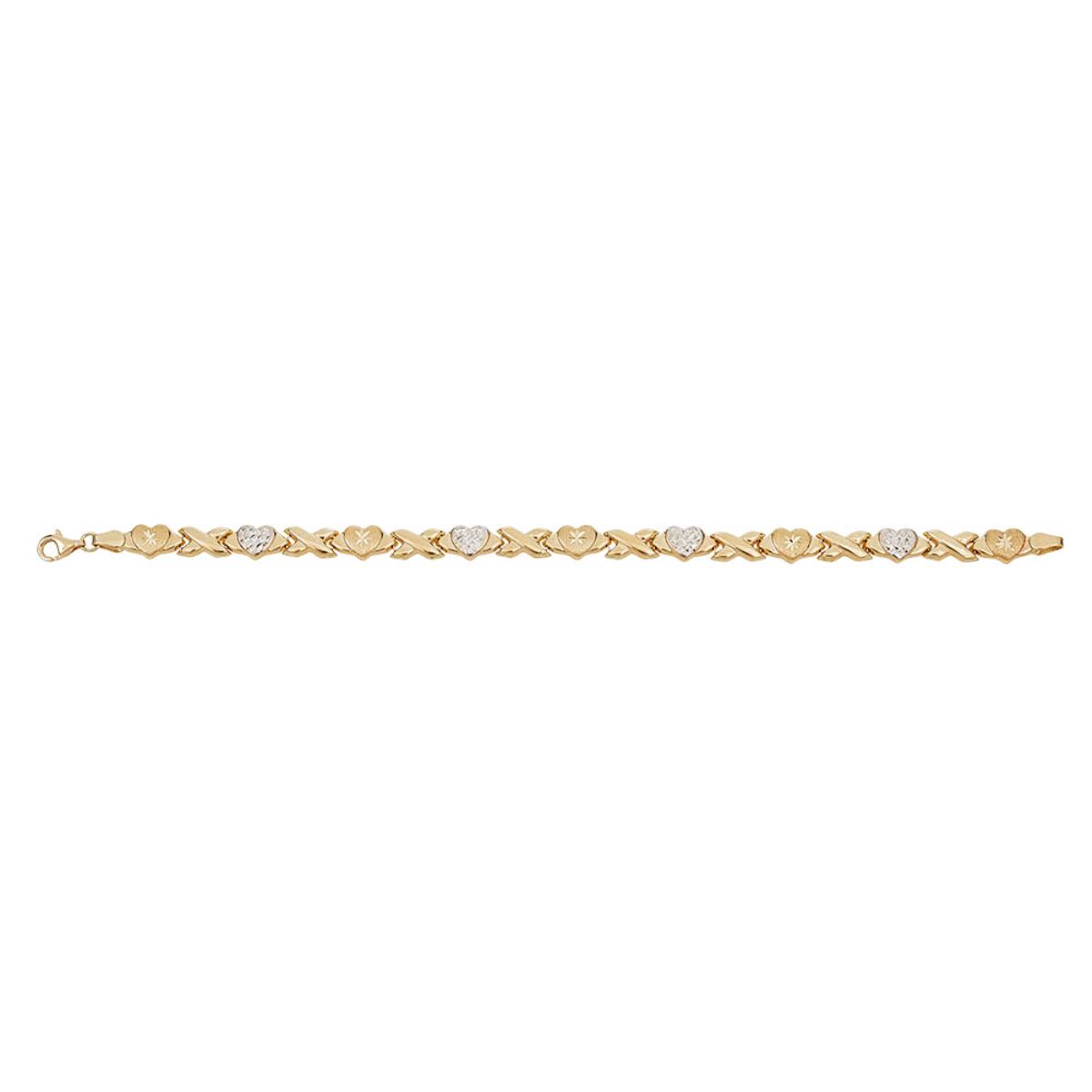 14K Two-Tone Gold SatinTextured Star Diamond Cut XOXO 7.25" Bracelet