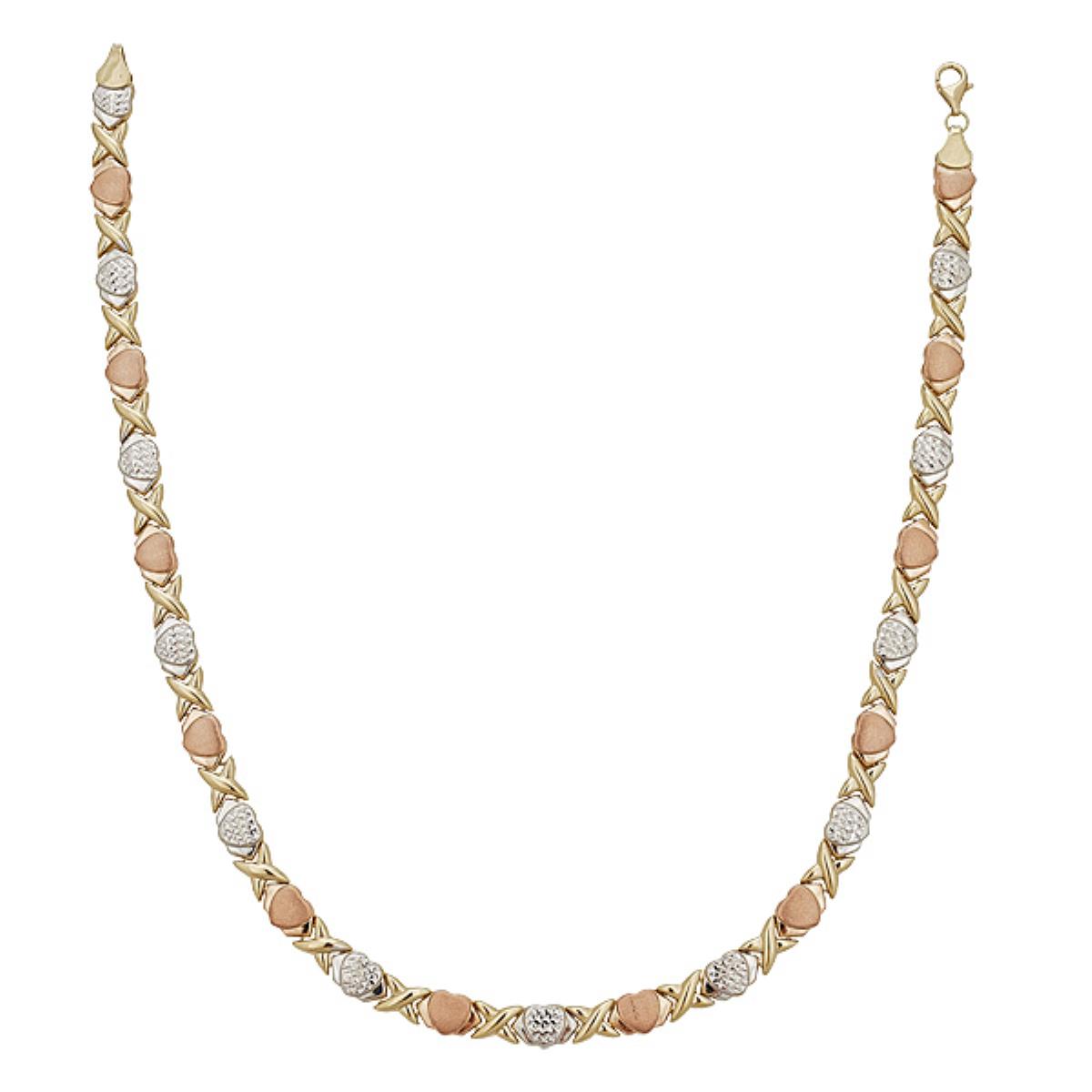 14K Tri-Color Gold DC Satin Textured XOXO 17" Necklace