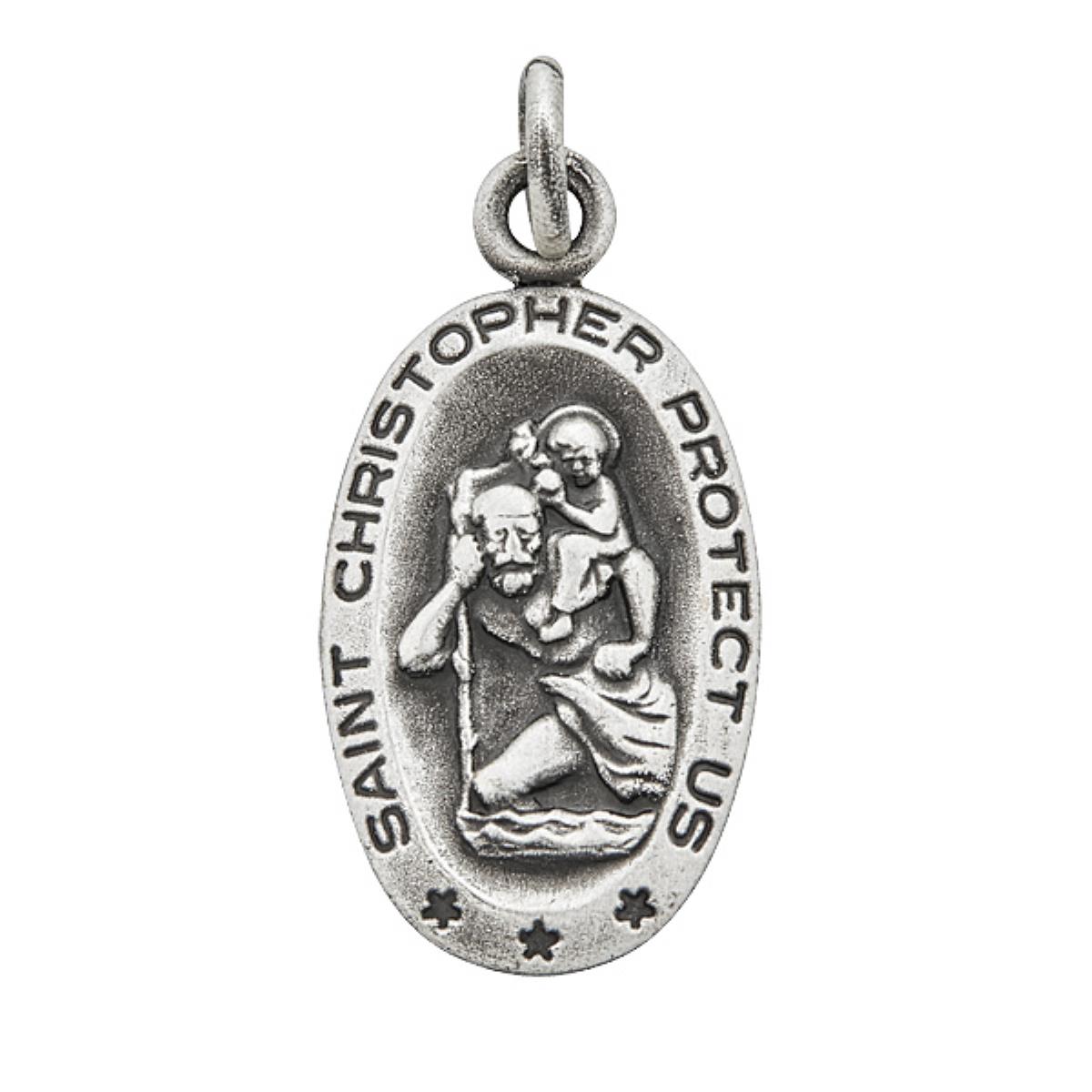 Sterling Silver Rhodium Oxidized 12x25mm Oval St. Christopher Pendant