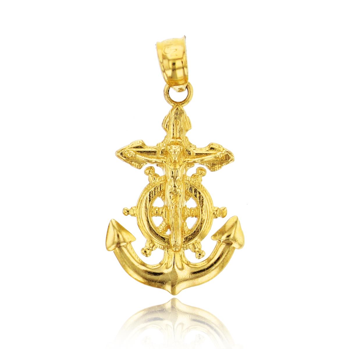 14K Yellow Gold Religious Nautical Cross Wheel & Anchor Dangling Pendant