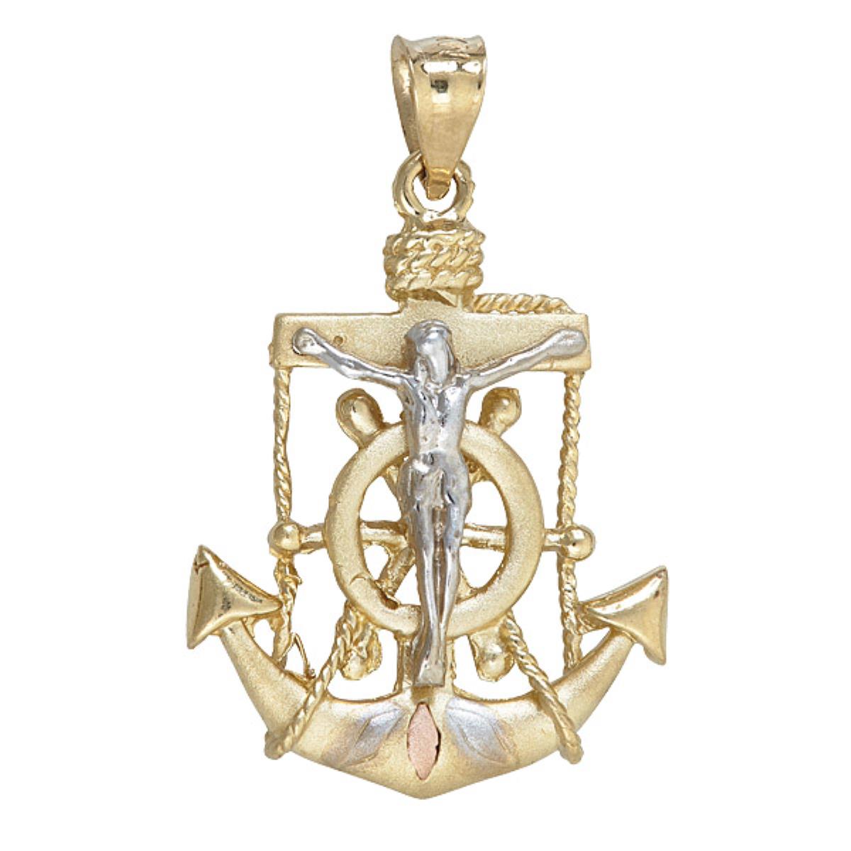 14K Tri-color Gold Religious Nautical Cross Wheel & Anchor Dangling Pendant