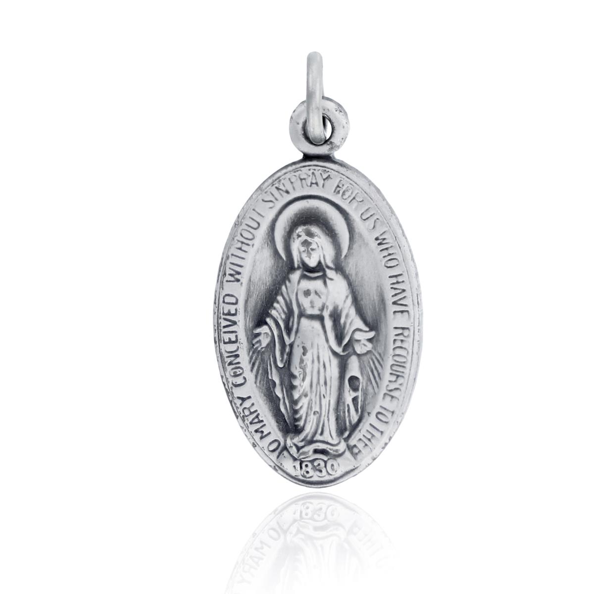 Sterling Silver Rhodium Oxidized 12x25mm Oval Virgin Mary Pendant