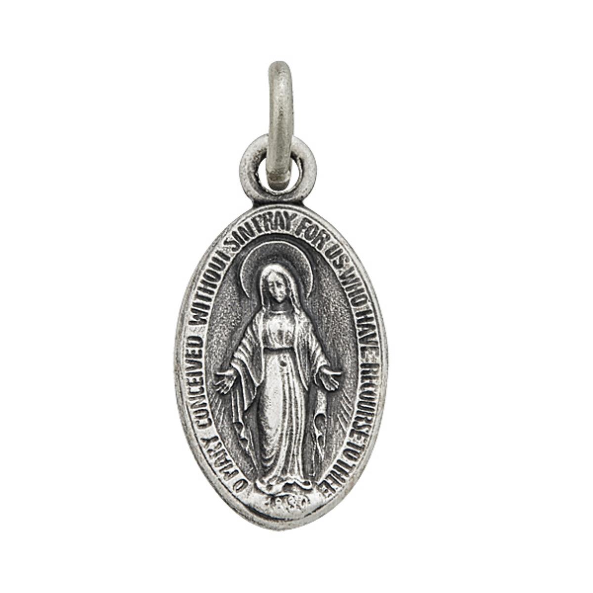 Sterling Silver Rhodium Oxidized 8x18mm Oval Virgin Mary Pendant
