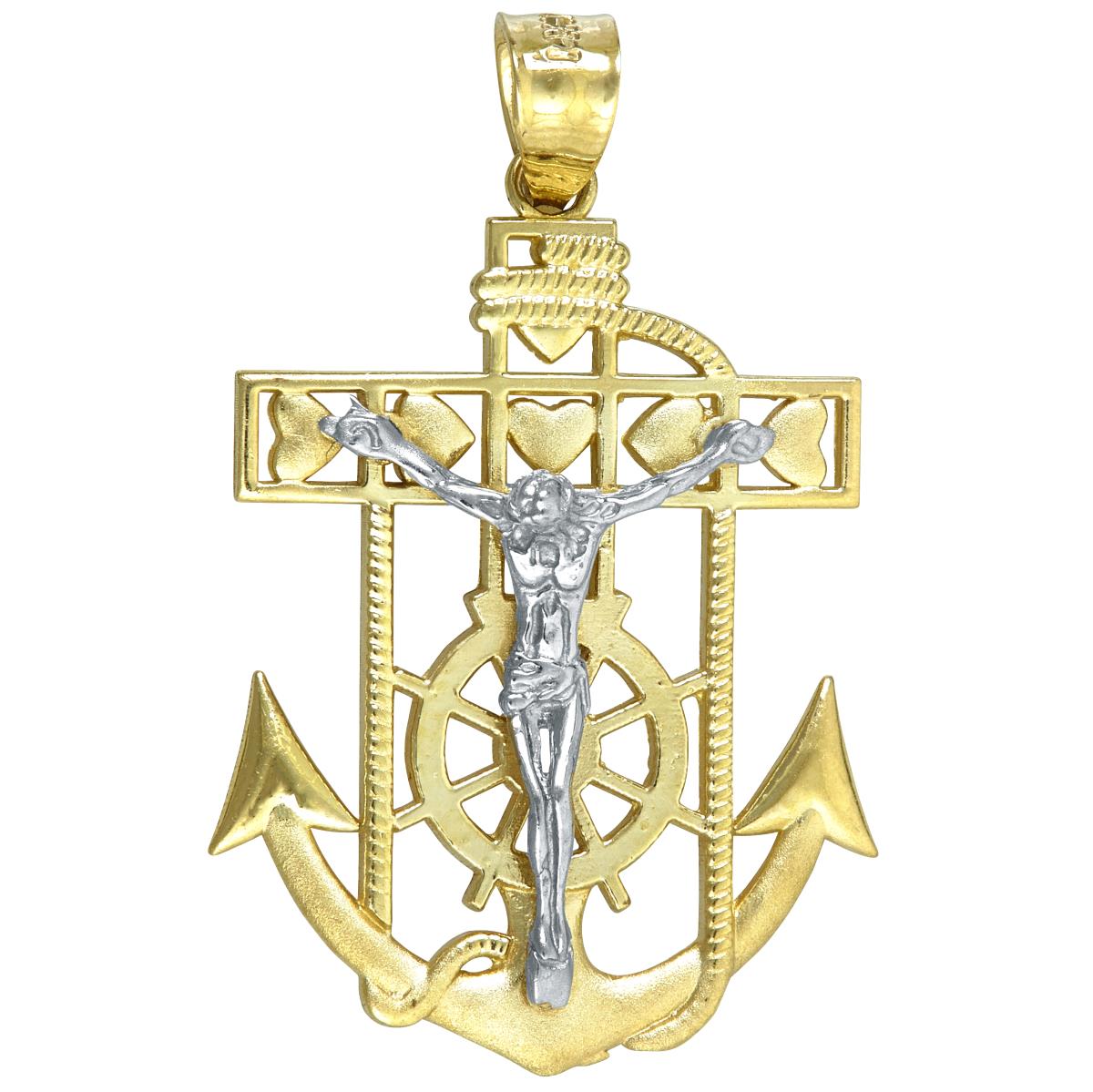 14K Yellow & White Gold Religious Heart Nautical Cross Wheel & Anchor Dangling Pendant