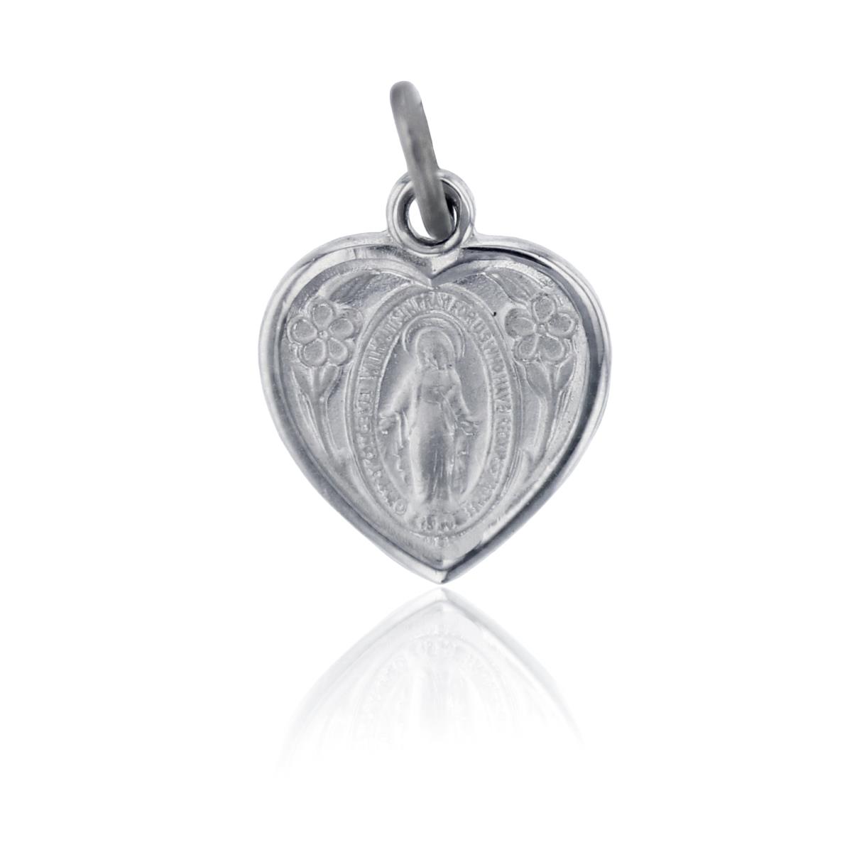 Sterling Silver Rhodium 12x18mm Heart Virgin Mary Pendant